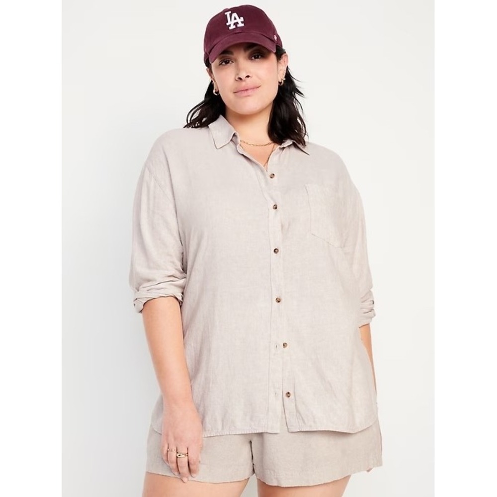 Old Navy The Boyfriend Shirt Womens XL Linen Blend Button Down Oatmeal Beige NEW